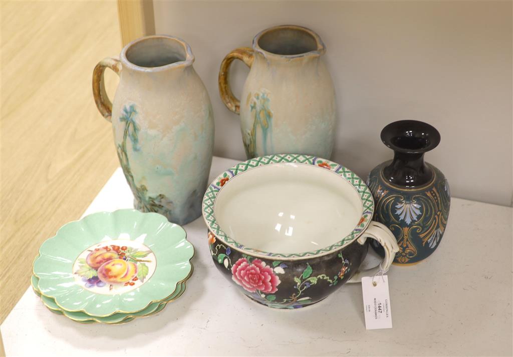 A quantity of mixed ceramics to include three Shelley fruit plates, a Whieldon ware bed pan, a pair of ewers and a vase